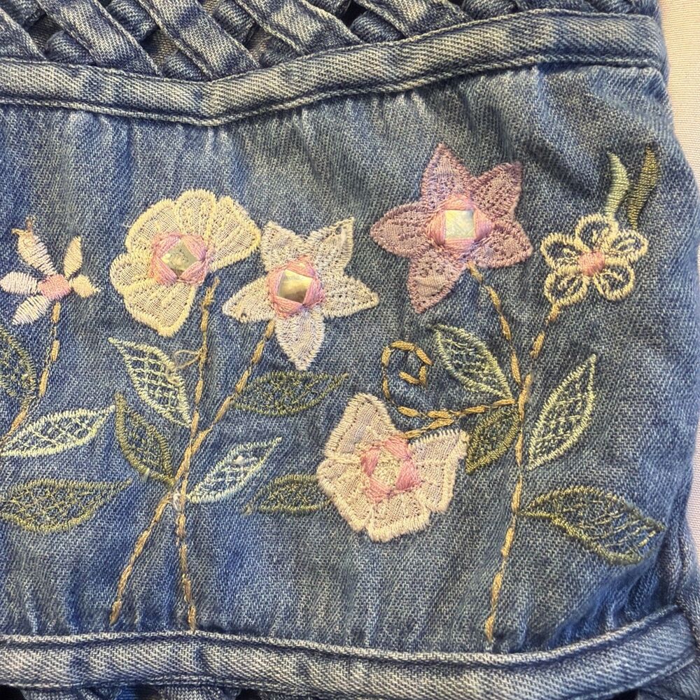 Vtg Tantrum Blues Floral Jean Vest LP Cottagecore Coastal Grandma Boho Lattice - Picture 9 of 11